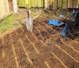 Back garden with stumps ground into saw dust and spade